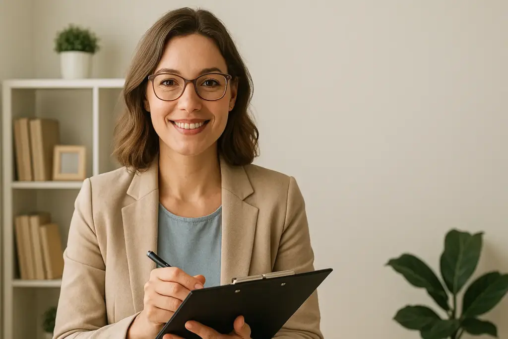 Ирина Полянская улыбается и делает записи на планшете