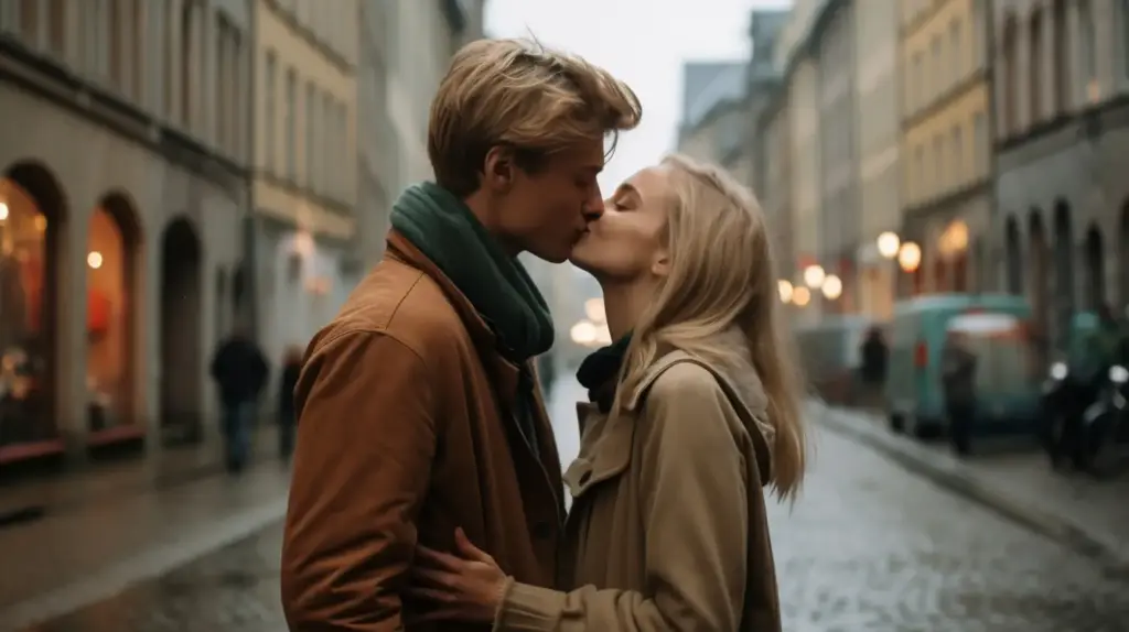Почему иногда тянет к недоступным людям: пара целуется на городской улице, момент близости и эмоциональной привязанности.